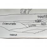 Sketch of a mural project, with rough lines approximating a cutaway landscape, with sections labeled, Sky, Water, Mountain, Dirt, Earth, Soil, Land, and Corpse.