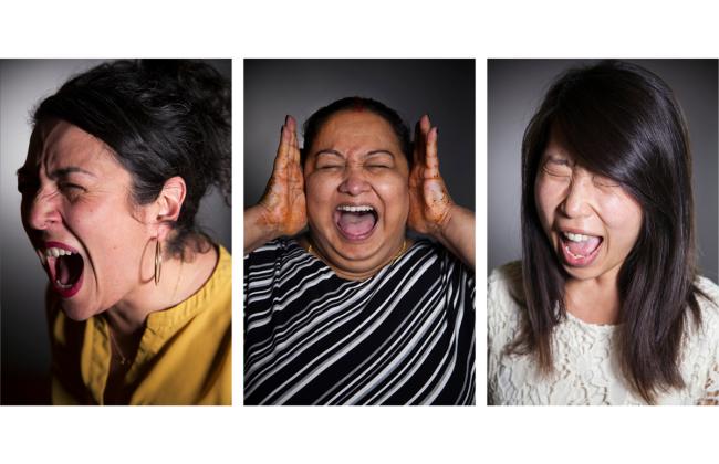 Women of different racial backgrounds and skin tone appear in separate photographs, capturing a moment where they are engaged in a primal scream.